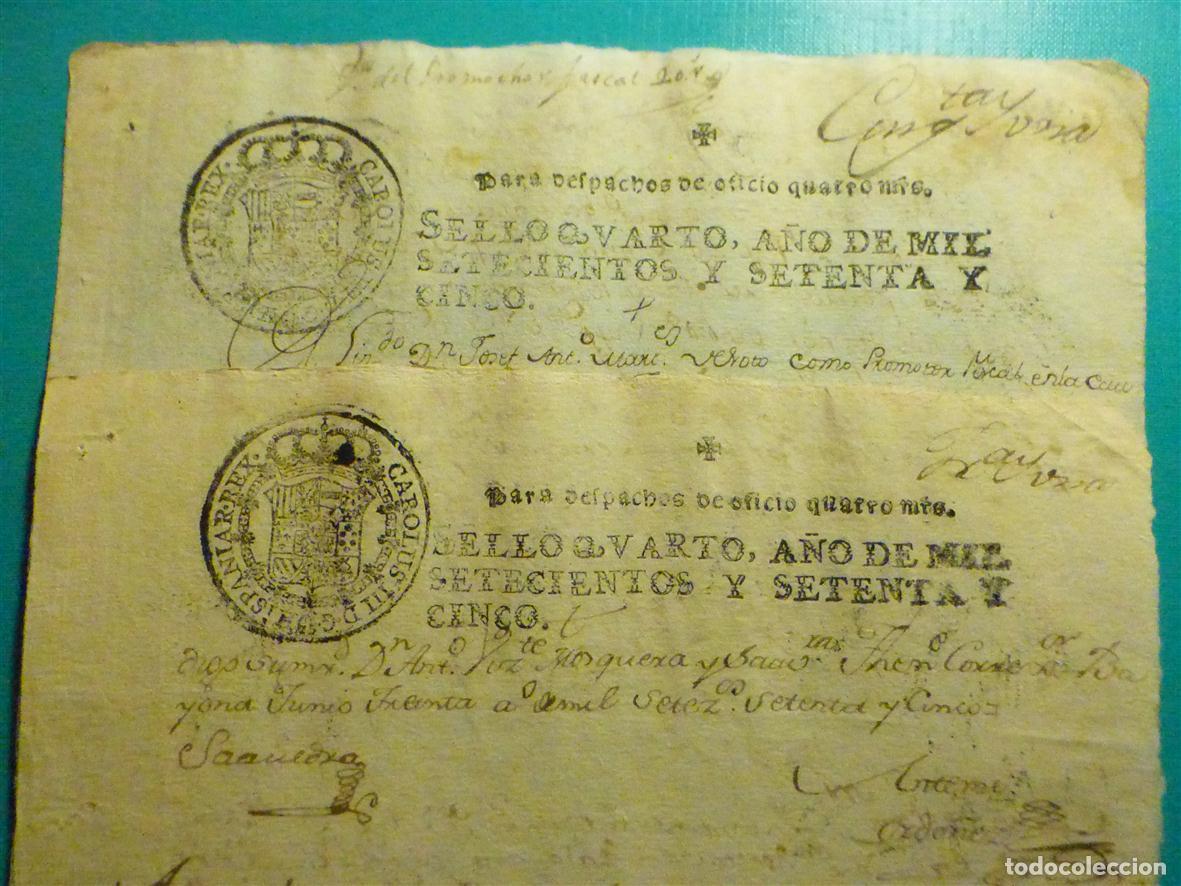 Sellos: 2 Sellos Qvarto 4&ordm; Cuarto - 4 Maravedis A&ntilde;o 1775 - Carlos III - Papel Timbrado - Despachos de Oficio