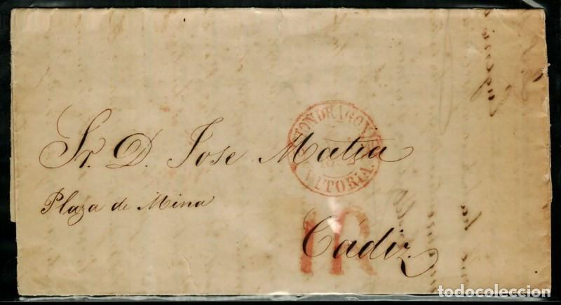 Sellos: FA1664, PREFILATELIA. 1852. Sobrescrito circulado de Mondragon a C&aacute;diz
