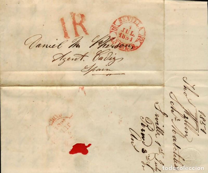 Sellos: FA1788C. PREFILATELIA. 1851, 1 de julio. Sobrescrito circulado de Sevilla a C&aacute;diz