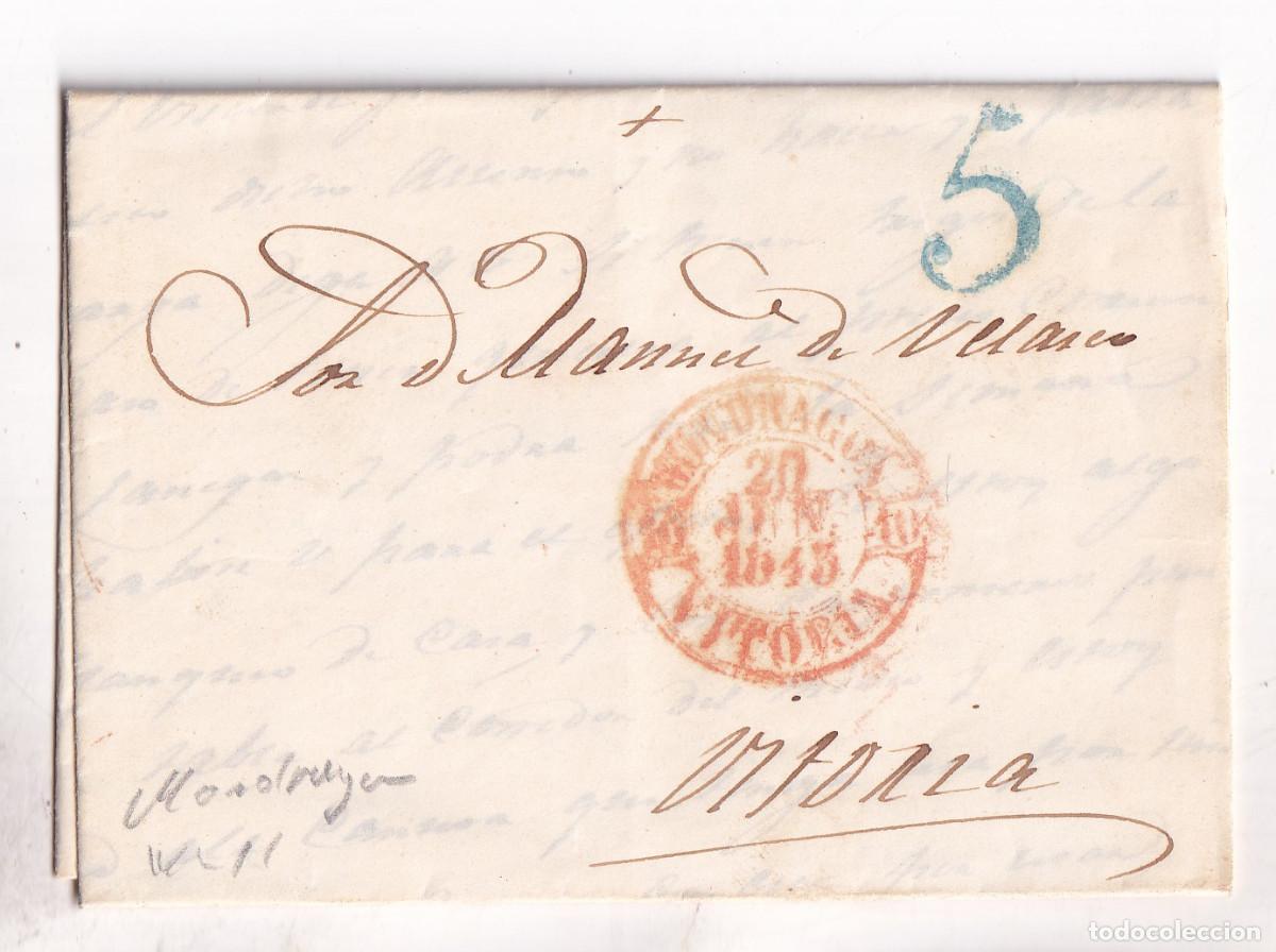 Sellos: PREFILATELIA. CARTA ENTERA. MONDRAG&Oacute;N. GUIP&Uacute;ZCOA. A VITORIA. PA&Iacute;S VASCO. 1845