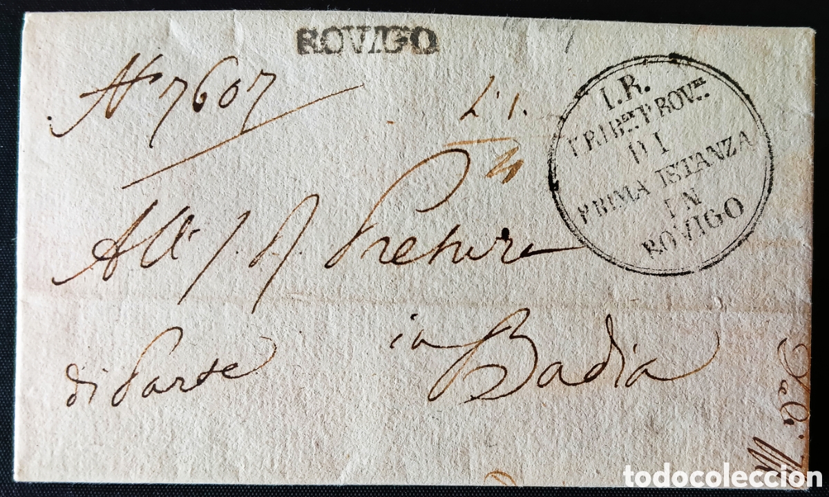 Sellos: ITALIA (R. LOMBARDO-V&Eacute;NETO) / 1829. Carta de ROVIGO a BADIA. Marca *ROVIGO* y de JUZGADO. MAGN&Iacute;FICA
