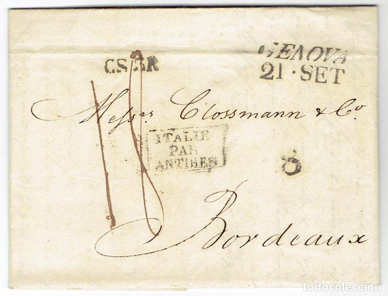 Sellos: FA0836-74. PREFILATELIA DE ITALIA. 1838, 21 de septiembre. Carta circulada de Genova a Burdeos