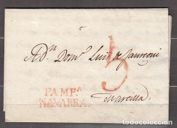 Sellos: Carta DP.6 - Pamplona a Marcilla 1828, PE.28 Navarra en rojo, porteo 5 en rojo