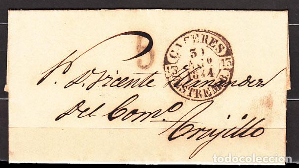 Sellos: Carta DP.13 - Caceres a Trujillo (31-agosto-1844) fechador Baeza en negro PE.10