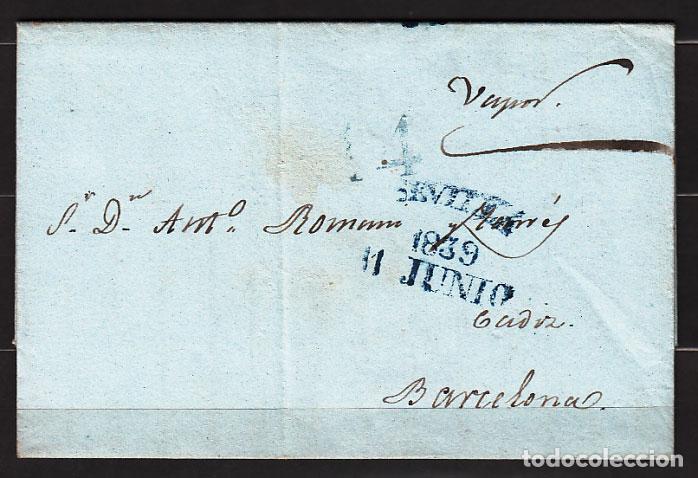 Sellos: Carta DP.25 - Sevilla a Barcelona por vapor (11-junio-1839) PE.27 en azul