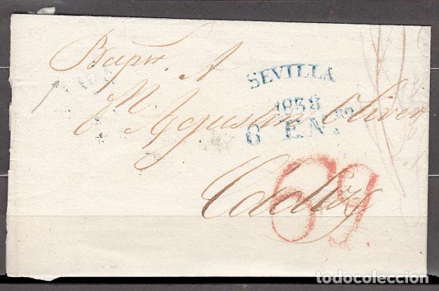 Sellos: Carta DP.25 - Sevilla a C&aacute;diz (6-enero-1838) PE.27 en azul y 69 rojo con vapor