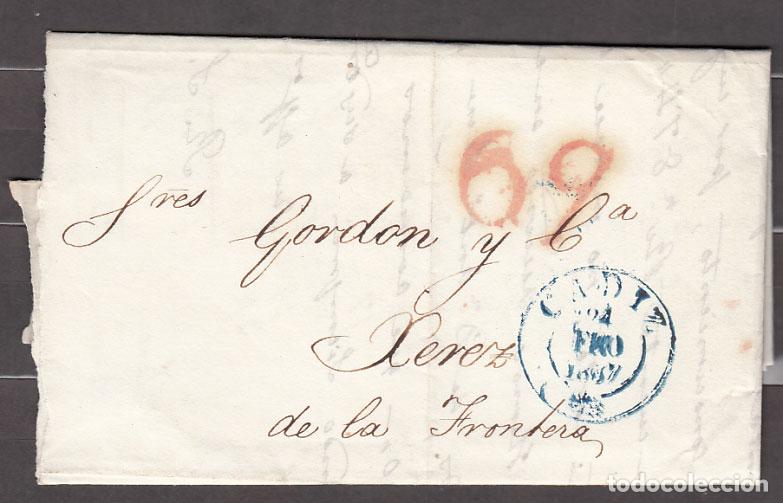 Sellos: Carta DP.26 - C&aacute;diz a J&eacute;rez de la Frontera 1837, con fechador azul de CADIZ y