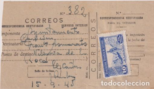 Francobolli: Correspondencia Certificada. Resguardo del 15 Sep. 1945. Con sello vi&ntilde;eta asociaci&oacute;n Ben&eacute;fica de Cor