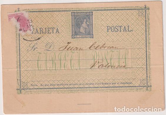 Briefmarken: Tarjeta Entero Posta 8. de 1875. De Barcelona a Valencia. Del 13 Abr. 1881 y Fechador de llegada