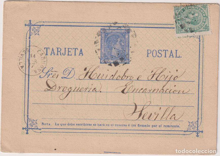 Briefmarken: Tarjeta Entero postal de Carmona Sevilla del 13 Ene. 1977. Edifil 8 + Edifil 183