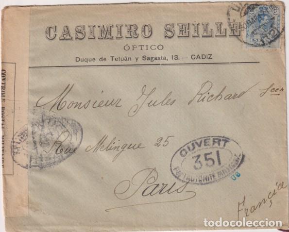 Briefmarken: Carta con Membrete de C&aacute;diz a Paris. del 8 Mar. 1917. Con Censura Militar Francesa (Controle Postal