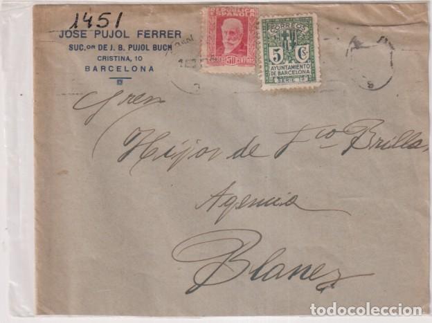 Timbres: Sobre con membrete de Barcelona a Blanes del 1 Abr. 1932