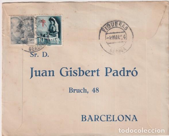Timbres: Frontal de Sobre de Figueras a Barcelona del 2 mar. 1954