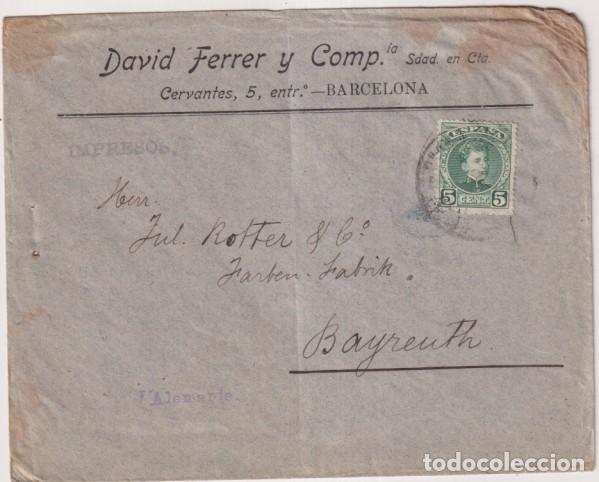 Timbres: Sobre con Membrete Barcelona a Bayreuth (Alemania) de Dic. 1901 y Fechador de llegada