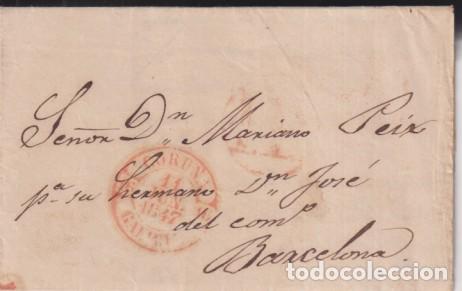 Timbres: Carta de Coru&ntilde;a a Barcelona del 11 Jun. 1847 con Baeza 11R. y Portes Pagados Rojo