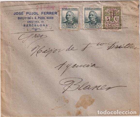 Timbres: Sobre con Membrete de Barcelona a Blanes del 20 Feb. 1936