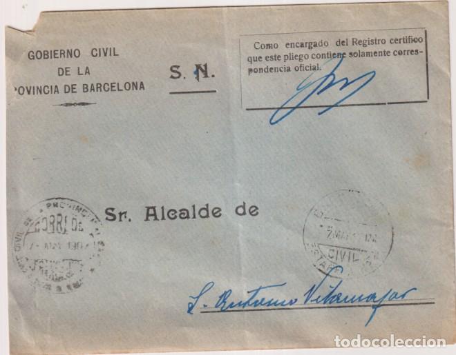 Sellos: Sobre con Membrete del Gobierno Civil de la Provincia de Barcelona aA Alcalde de Llinas del Valles d