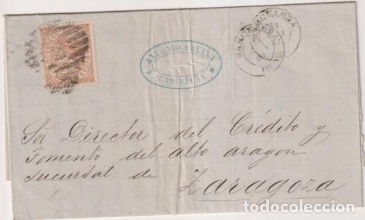 Sellos: Carta con Membrete de Barcelona a Zaragoza del 23 del Feb. 1867. con Edifil 96, matasello parrilla N