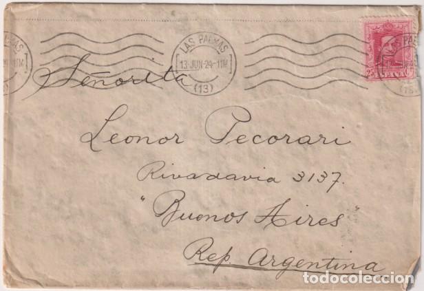 Sellos: Carta de Las Pasmas a Buenos Aires. Del 13 Jun. 1924 y fechador de Llegada a Buenos Aires 13 Jul. 19