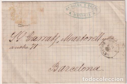 Sellos: Carta con Membreta de Manresa a Barcelona del 19 Dic. 1876. Franqueo arrancado