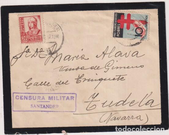 Sellos: Sobre de Santander a Tudela del 10 Dic. 1937. Franqueado y Fechado mas Pro Tuberculosos Pobres y Cen