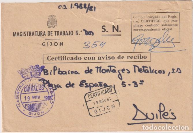 Sellos: Frontal de Carta con membrete de La Magistratura de Trabajo de Gij&oacute;n a Avil&eacute;s del 19 Nov.1981. Con T