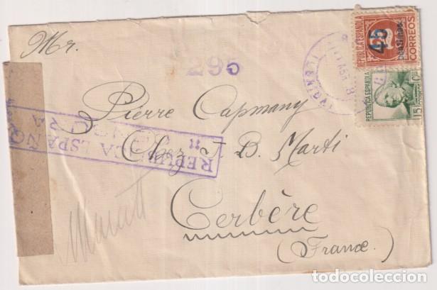 Sellos: Sobre de L&eacute;rida a Cerb&eacute;re (Francia) del 11 Abr. 1938 Franqueado y Fechado con Edifil 683 y 743. Con