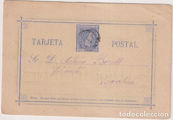Sellos: Tarjeta Entero Postal. Alfonso XII, 5 Cts. 1876. De Castell&oacute;n a Barcelona del 26 Abr. 1876