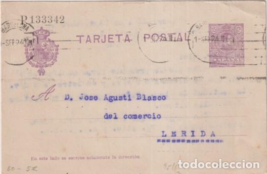 Sellos: Tarjeta Entero postal 50 de 1910. De Barcelona a L&eacute;rida del 1 Sept. 1924