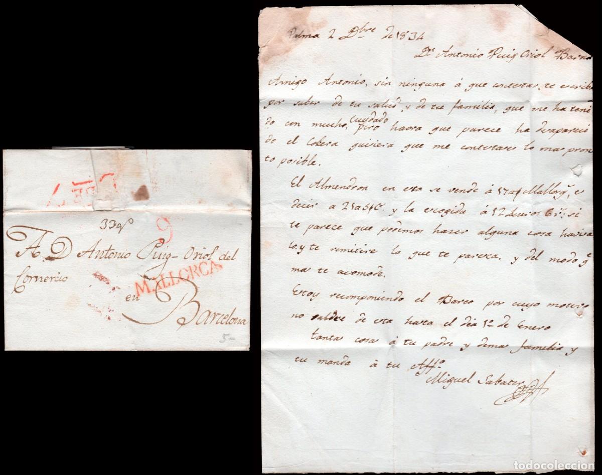 Sellos: Baleares - Prefilatelia PE 13R - 1834 - Carta a Barcelona + porteo &rdquo;6&rdquo;