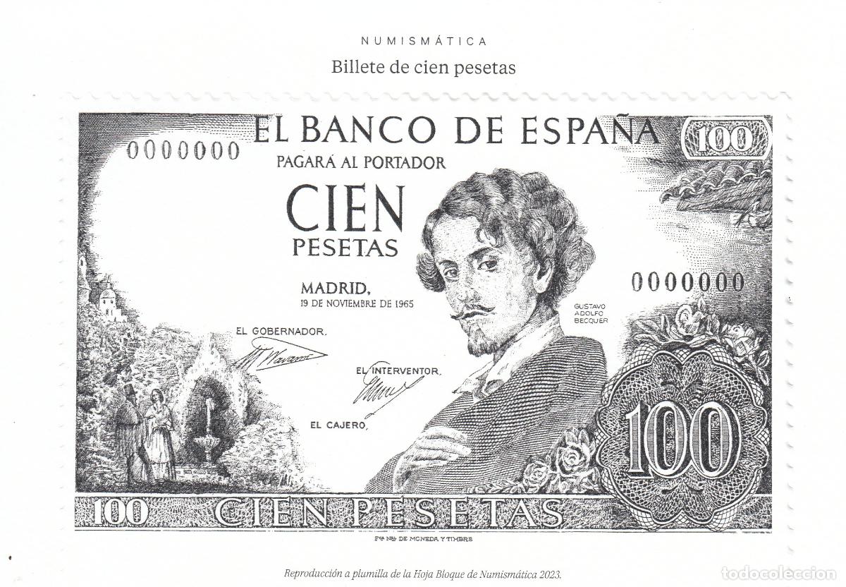 Sellos: CRS1446 ESPA&Ntilde;A REPRODUCCION A PLUMILLA. Billete de 100 pesetas. A&ntilde;o 2023