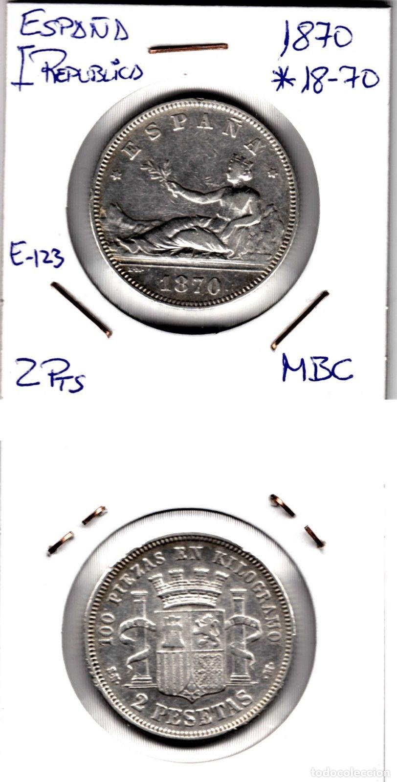Sellos: E0123 MONEDA I REPUBLICA 2 PESETAS 1870 ESTRELA 18-70 MBC