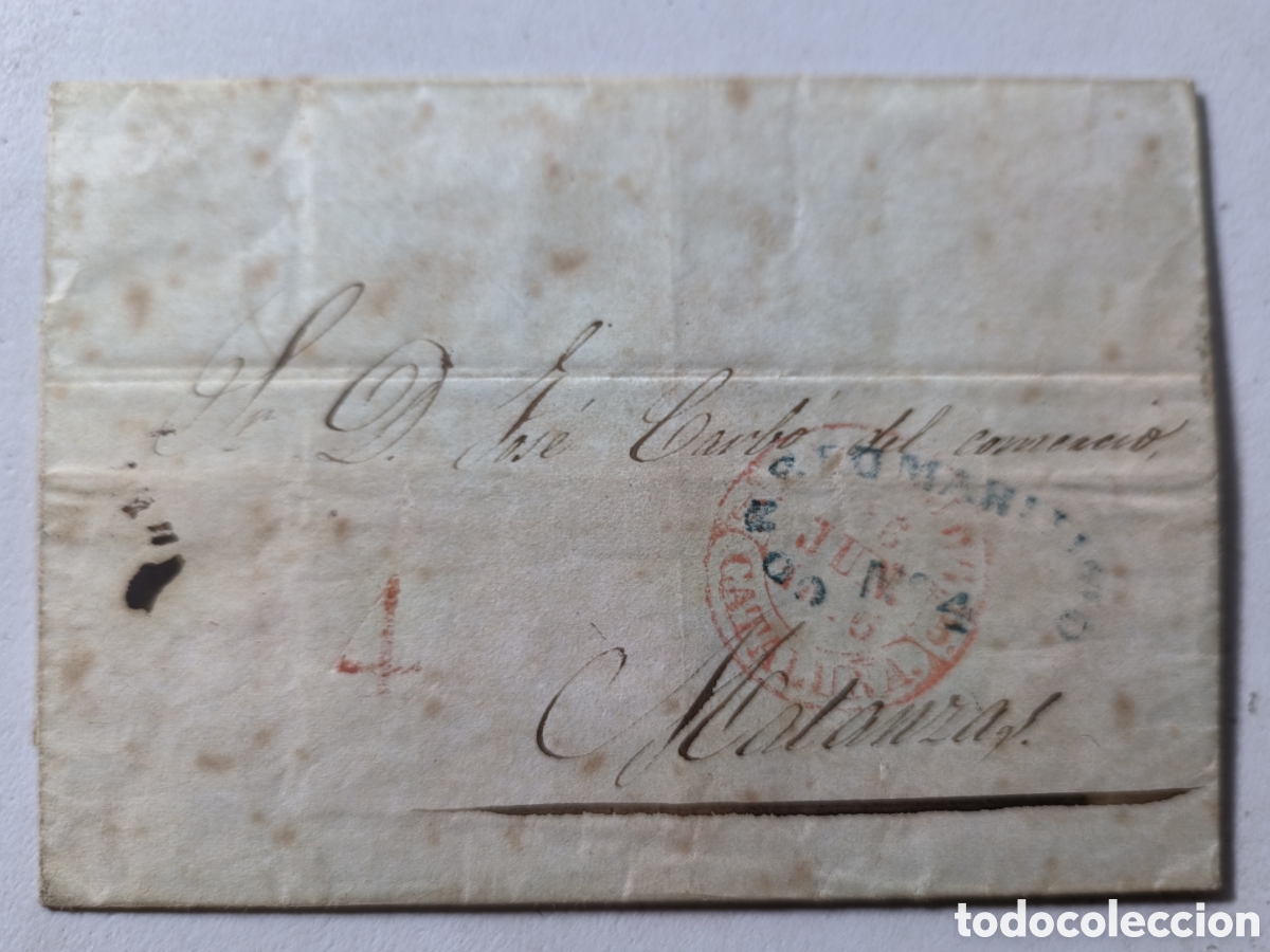 Sellos: Espa&ntilde;a, espectacular carta envuelta enviada de Catalu&ntilde;a a matanzas por el correo mar&iacute;timo no.4,1846