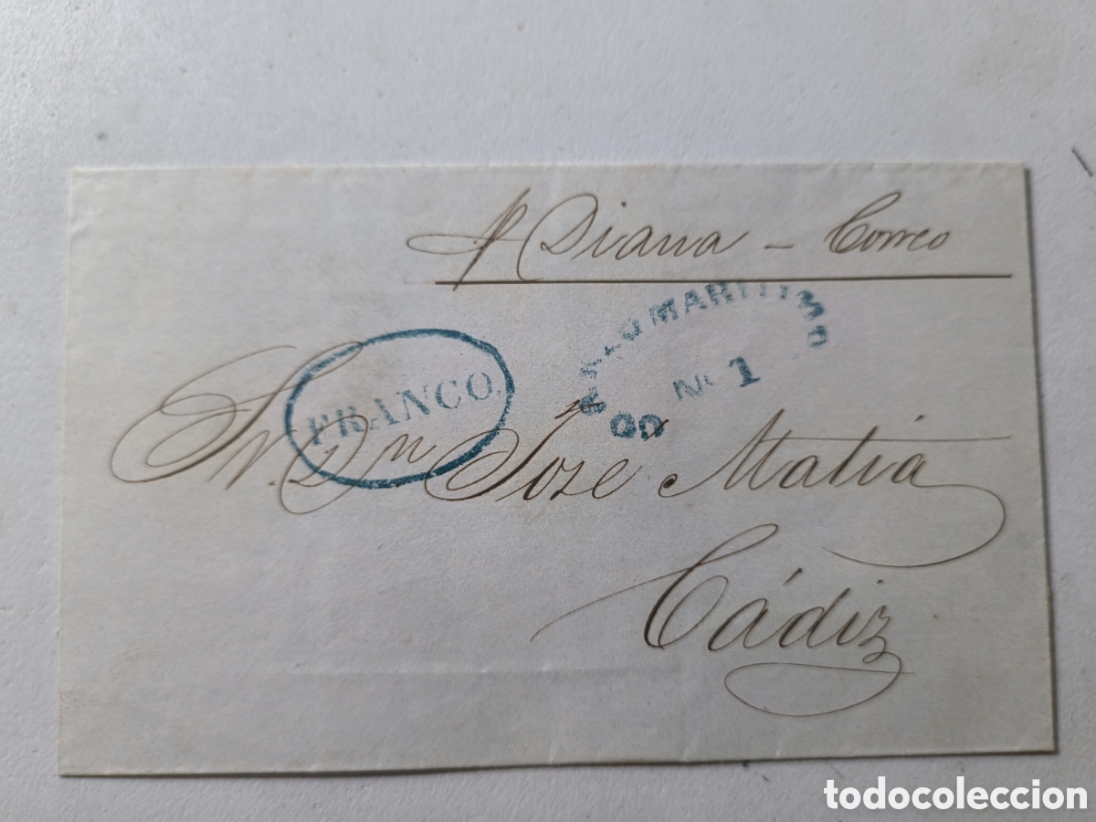 Sellos: Espa&ntilde;a, espectacular carta envuelta enviada a C&aacute;diz por el correo mar&iacute;timo no.1,vapor D&iacute;ana,
