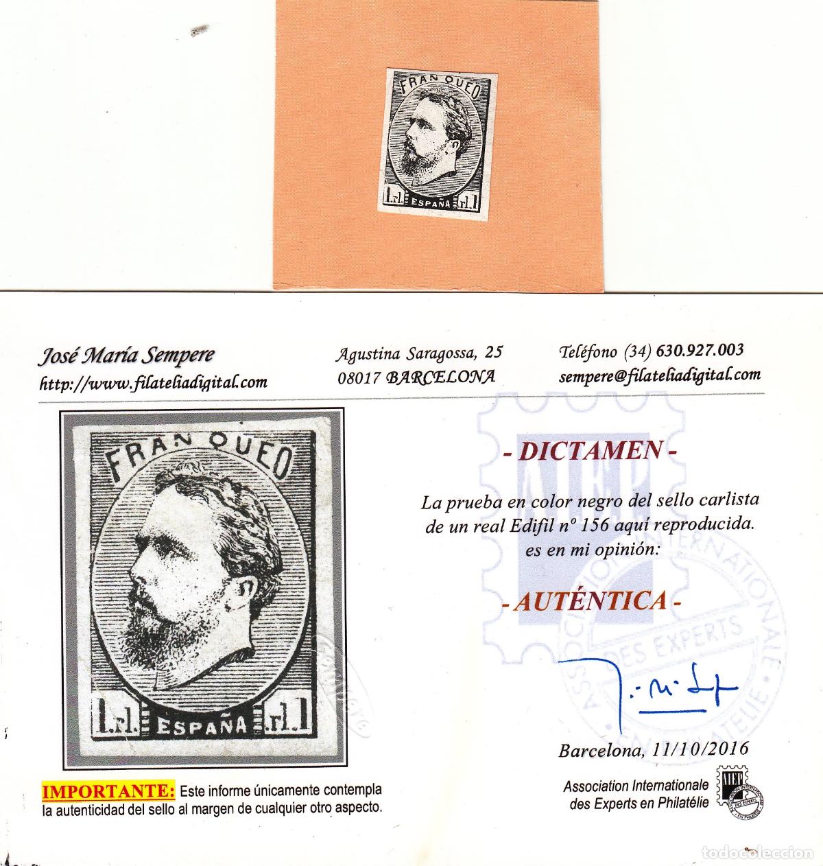 Timbres: CRS0002 SELLO N&ordm; CAT 156 PRUEBA EN NEGRO CON CERTIFICADO SEMPERE