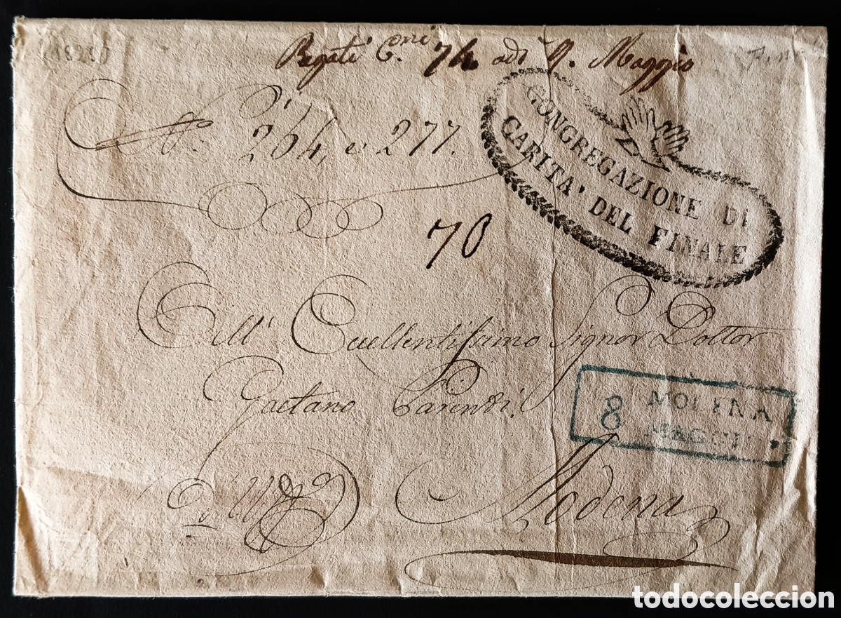 Sellos: ITALIA (DUCADO DE M&Oacute;DENA) / 1824. Cubierta de FINALE a M&Oacute;DENA. Marca CONGREGACIONE DI CARITA DEL...
