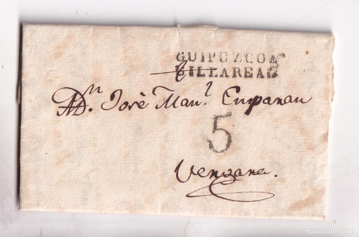 Sellos: PREFILATELIA. CARTA ENTERA. LEGORRETA. 1828. MARCA VILLAREAL. A VERGARA. PA&Iacute;S VASCO