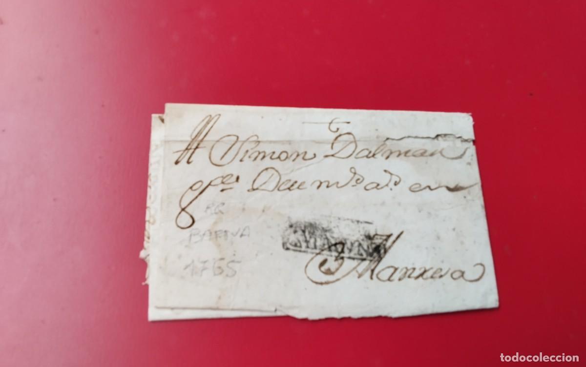Sellos: BARCELONA ENVUELTA PREFILATELICA CIRCULADA A MANRESA A&Ntilde;O 1765 MARCAS EN NEGRO CATALOGADA R.R. VER