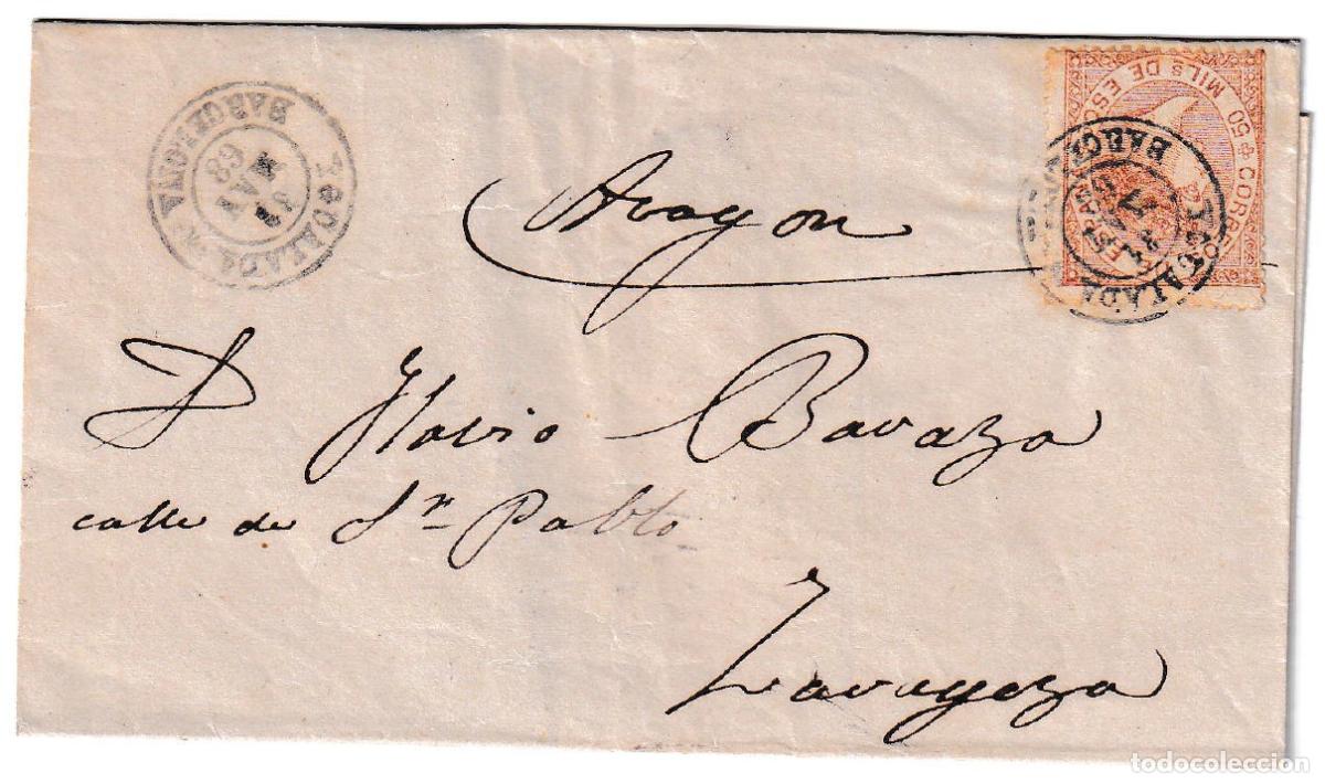 Sellos: 1868. Carta de Igualada a Zaragoza