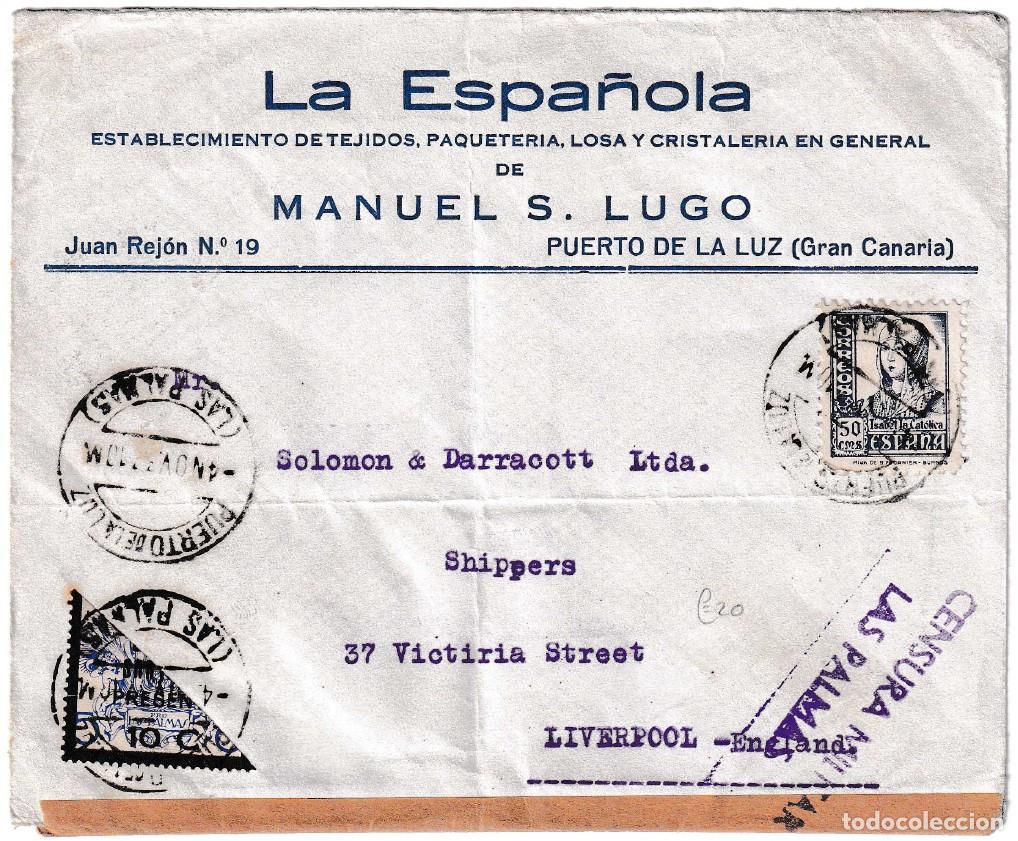 Timbres: 1937. Carta de Puerto de la Luz a Liverpool