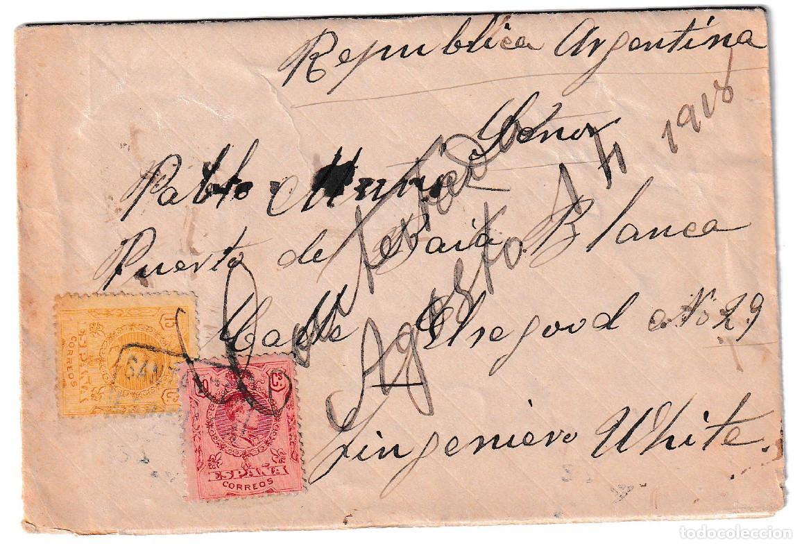 Timbres: 1918. Carta de Espinilla (Santander) a Puerto de Bah&iacute;a Blanca (Argentina)