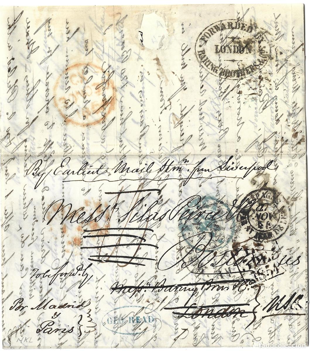 Sellos: 1854 carta prefilatelia M&aacute;laga a Boston v&iacute;a Londres. Encaminada por BARING BTOTHERS & CO. Excelente