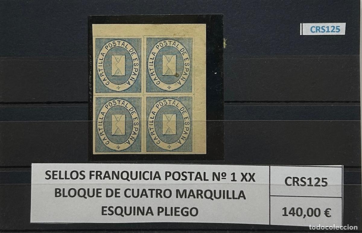 Sellos: CRS0125BIS SELLOS FRANQUICIA POSTAL N&ordm; 1 XX SIN CHARNELA BLOQUE DE CUATRO MARQUILLA ESQUINA PLIEGO