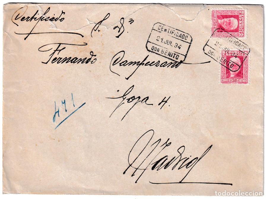 Sellos: 1934. Certificado de Don Benito a Madrid