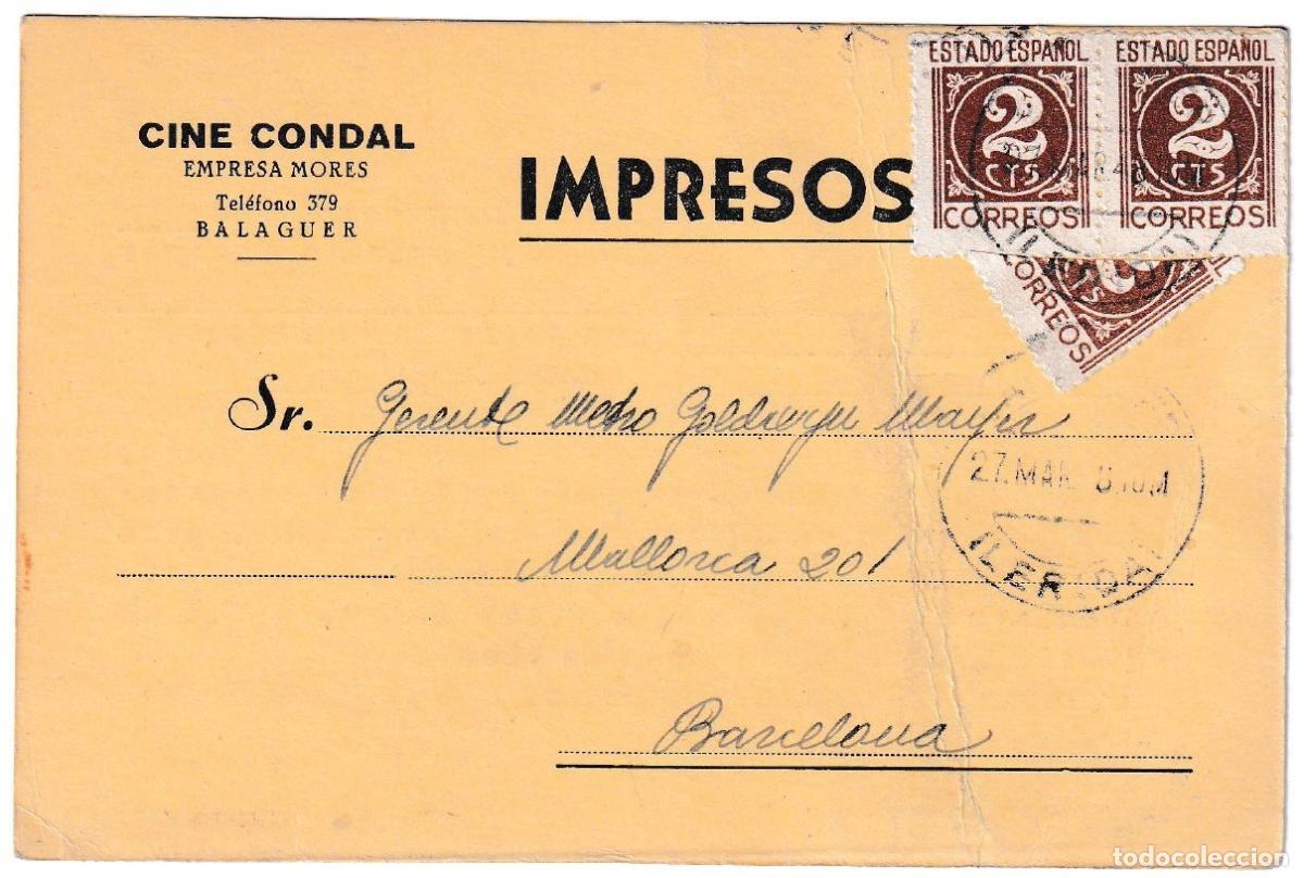 Sellos: 1943. Tarjeta de impreso de L&eacute;rida a Barcelona