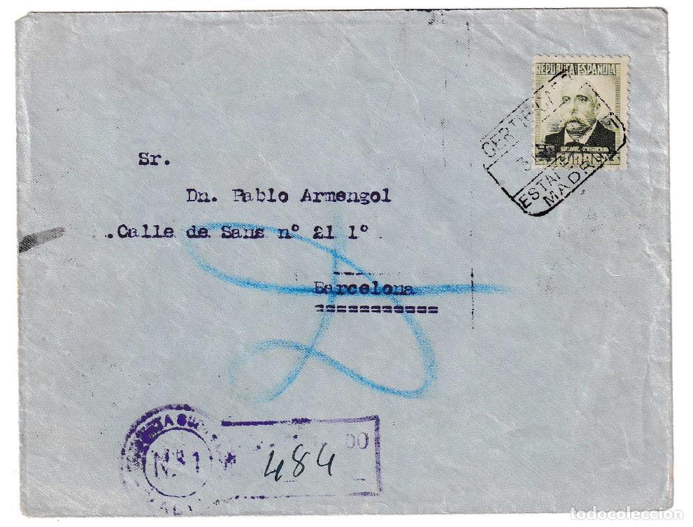 Sellos: 1937. Certificado de Madrid a Barcelona