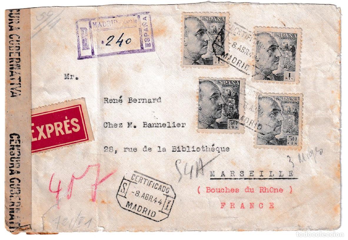 Sellos: 1944. Certificado urgente de Madrid a Marsella