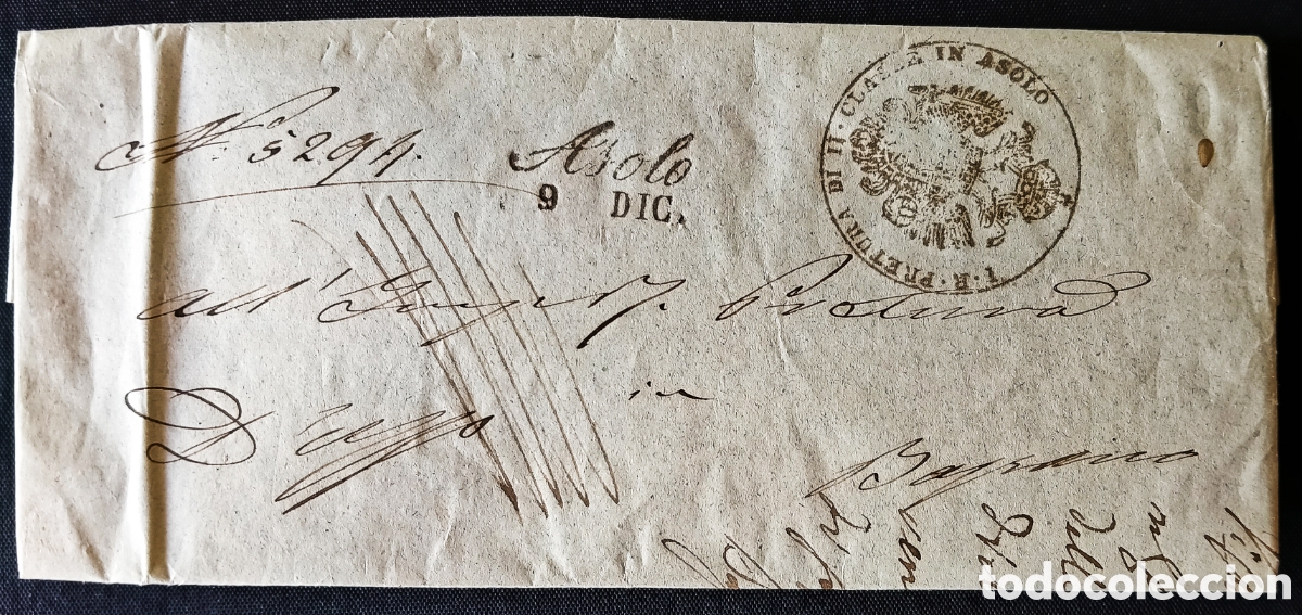 Sellos: ITALIA (R. LOMBARDO-V&Eacute;NETO)/ 1846. Carta ASOLO a BOSSANO. Marca origen y FRANQUICIA. NOTABLE INTER&Eacute;S
