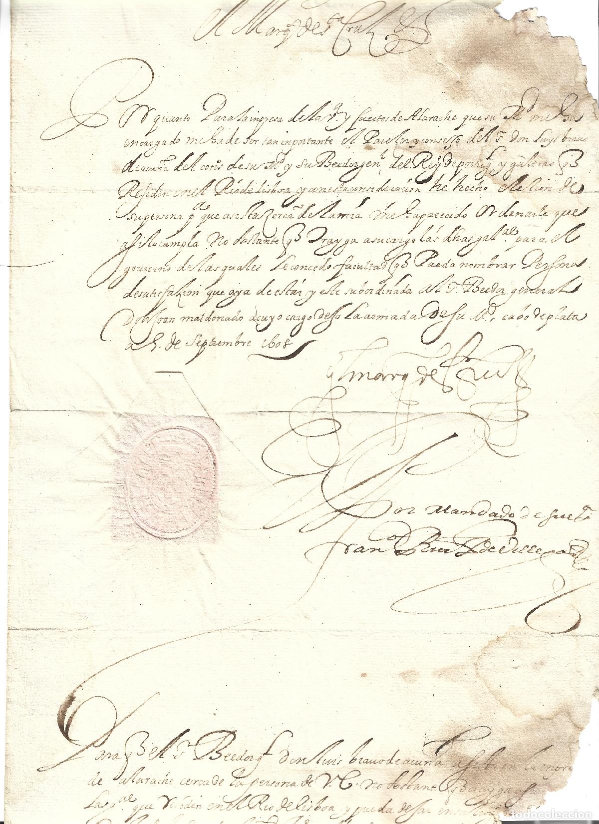 Sellos: Tarifa, C&aacute;diz 1608 Carta de mandato militar galeras Marqu&eacute;s de Santa Cruz empresa Larache LEER