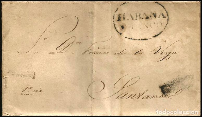 Sellos: CARTA 1835 HABANA FRANCO-SANTANDER POR 1&ordf; VIA